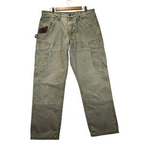 Mens Russell Athletic Khaki Cargo Work Pants Durable Canvas Utility Pockets